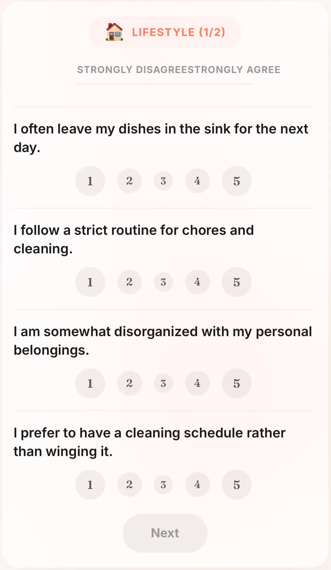 Lifestyle questionnaire — agree-or-disagree scale on dishes and cleaning routines.