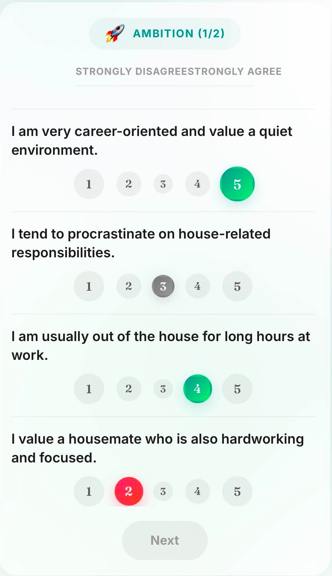 Ambition questionnaire — agree-or-disagree scale on career and focus.