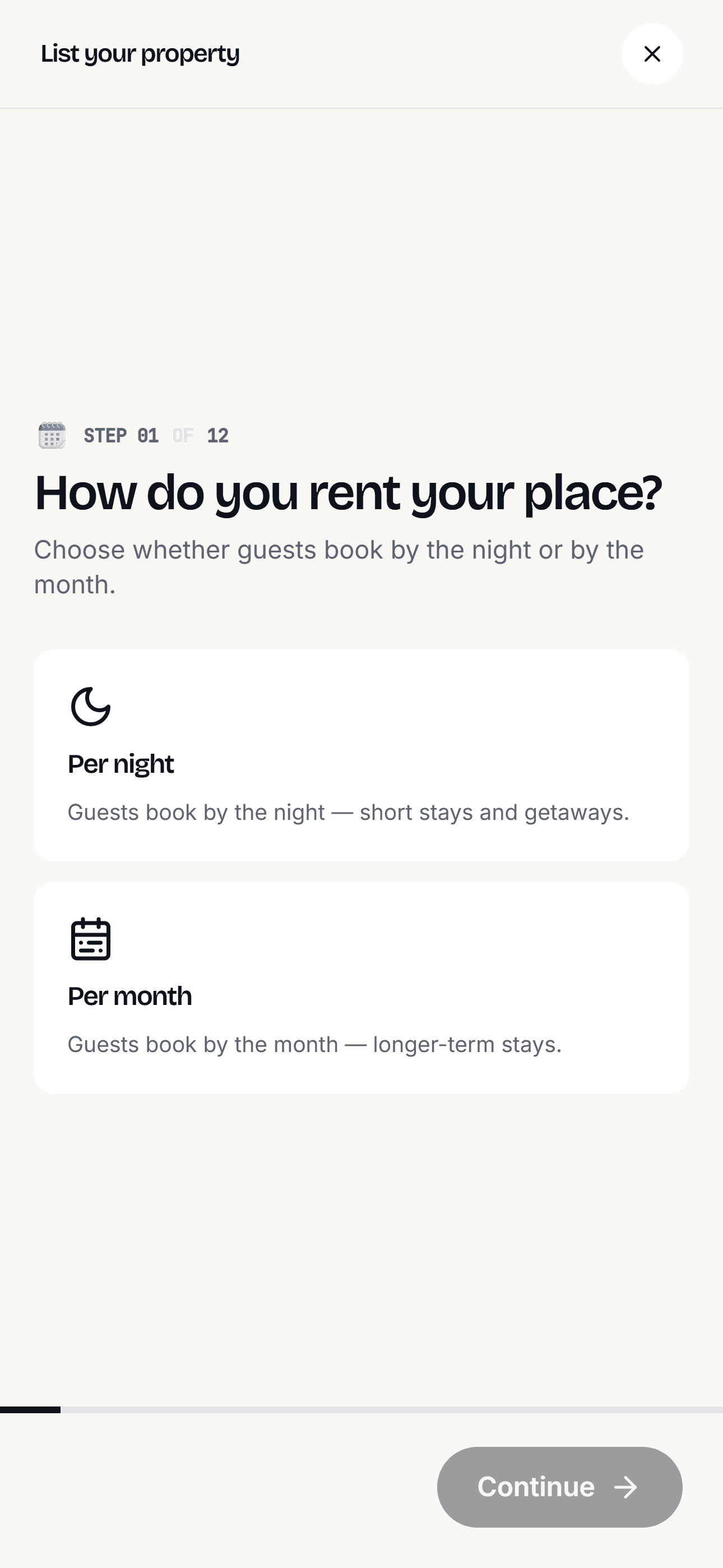 Listing wizard screen with Per night and Per month shown as two cards.