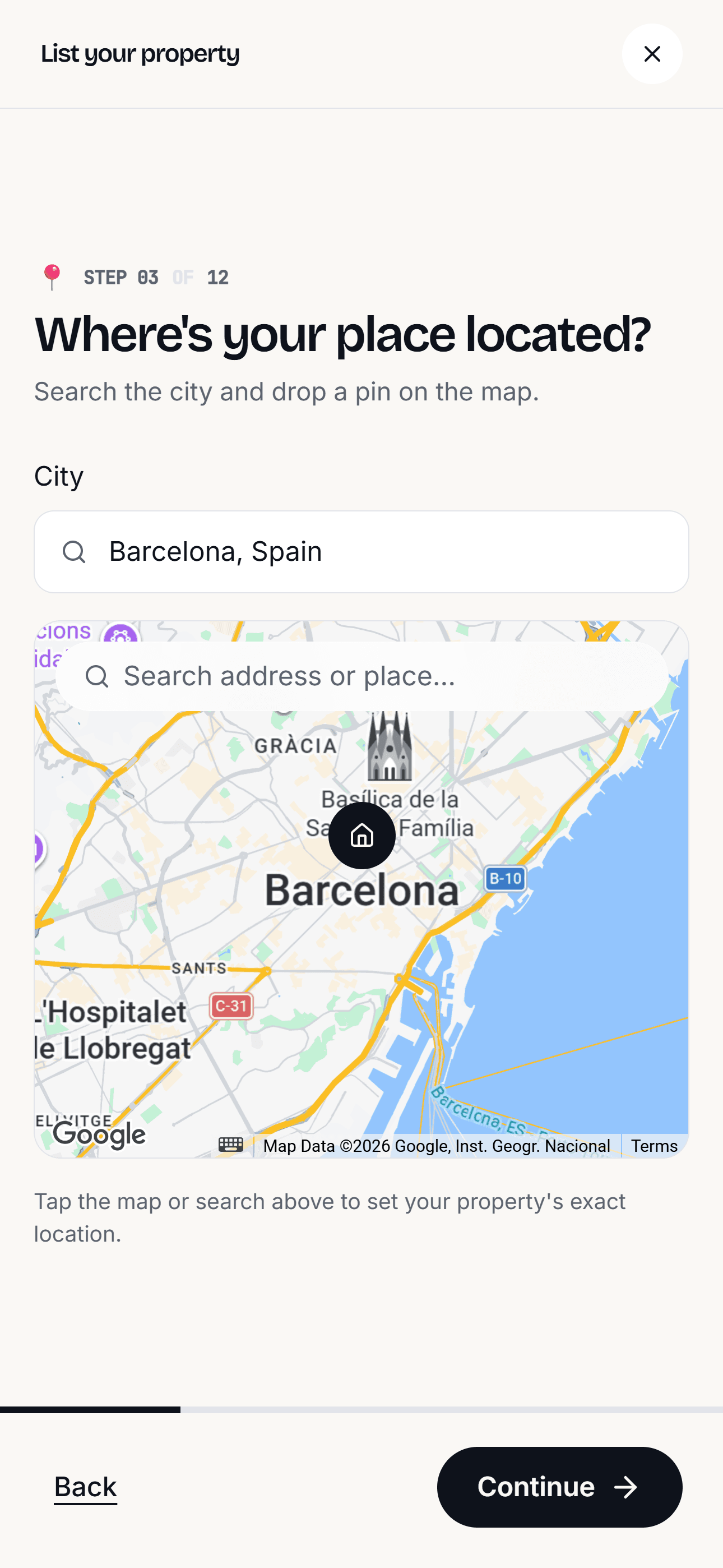 Listing wizard map with a location pin dropped on the selected address.