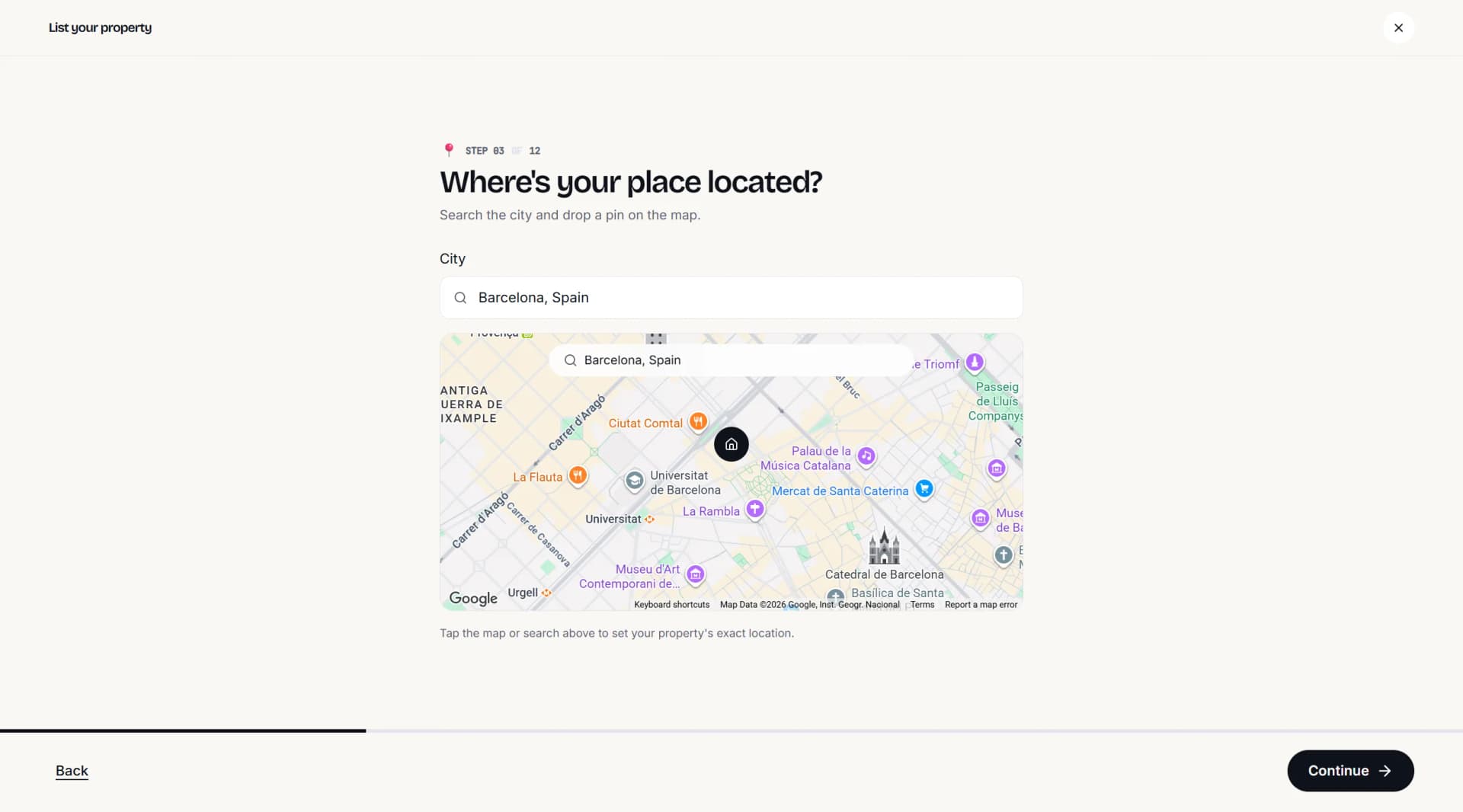 Listing wizard map with a location pin dropped on the selected address.