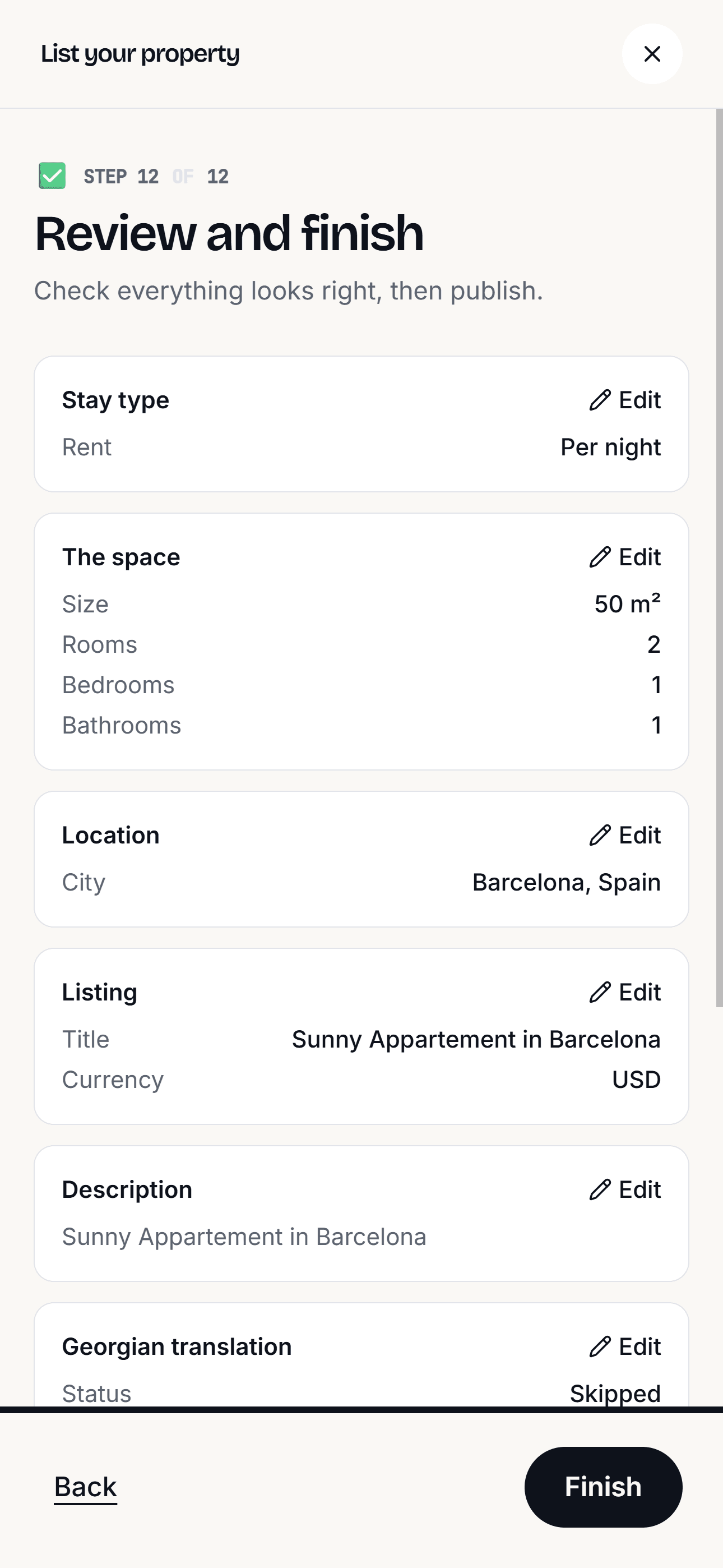 Listing wizard review screen summarizing the listing with edit links.