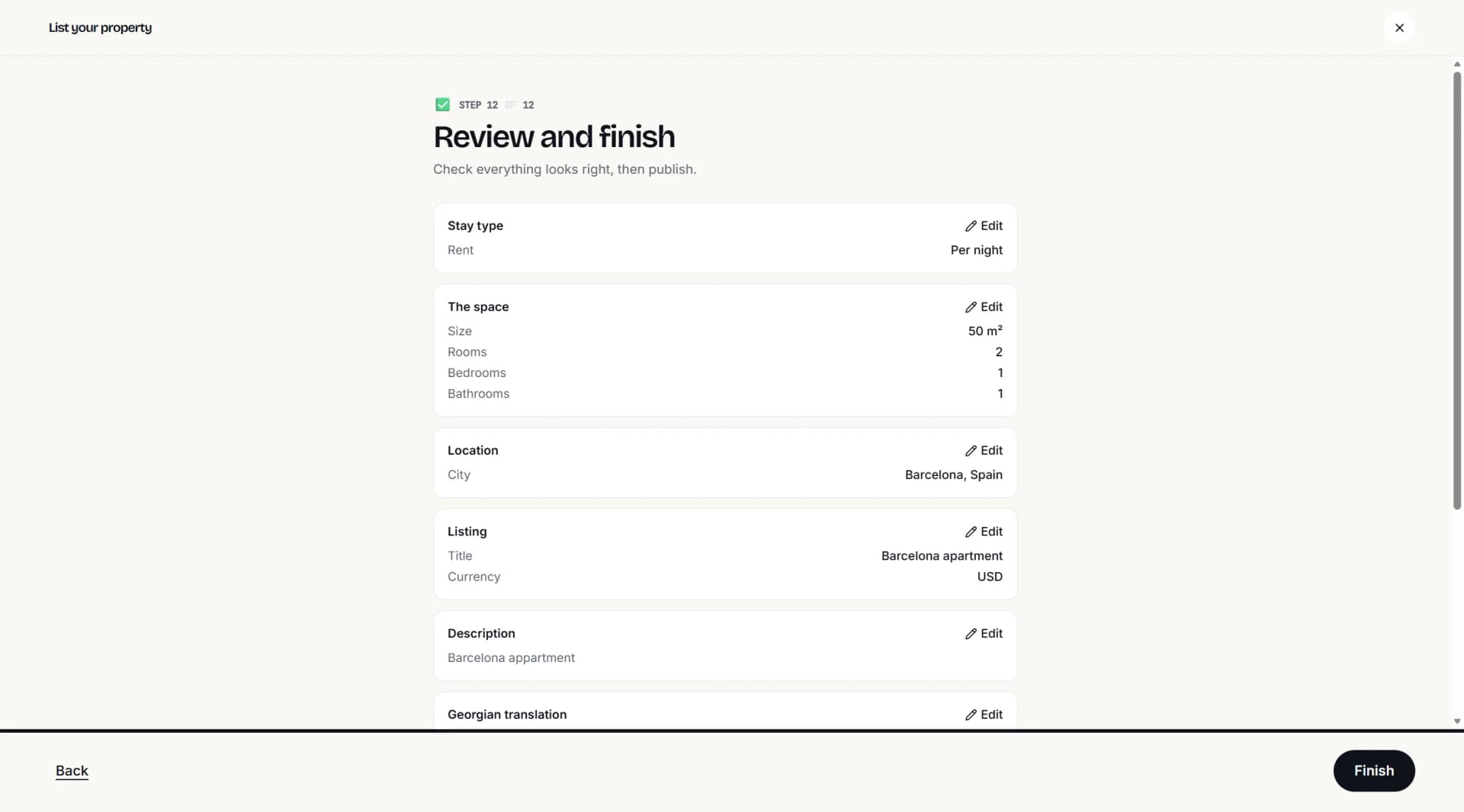 Listing wizard review screen summarizing the listing with edit links.